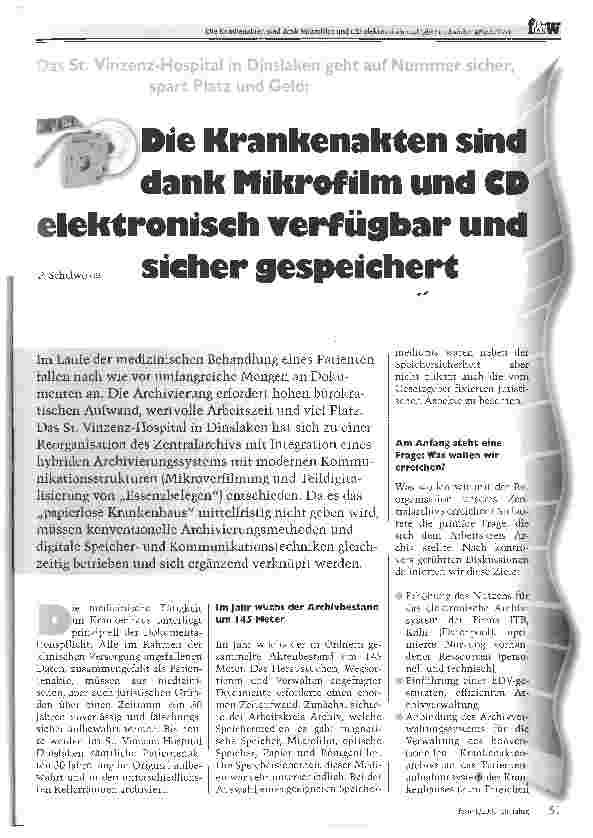 Vorschauseite 1: Das St. Vinzenz-Hospital in Dinslaken geht auf Nummer sicher, spart Platz und Geld: Die Krankenakten sind dank Mikrofilm und CD elektronisch verfügbar und sicher gespeichert