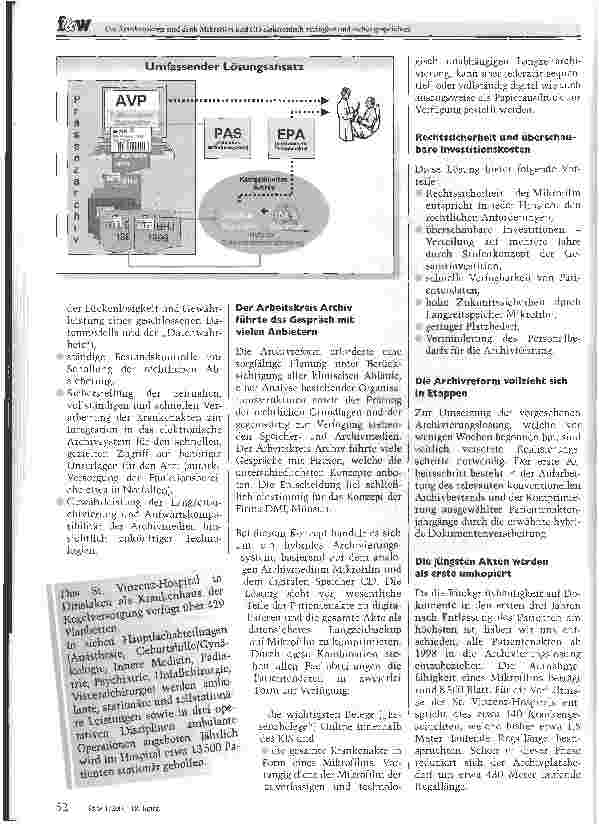 Vorschauseite 2: Das St. Vinzenz-Hospital in Dinslaken geht auf Nummer sicher, spart Platz und Geld: Die Krankenakten sind dank Mikrofilm und CD elektronisch verfügbar und sicher gespeichert