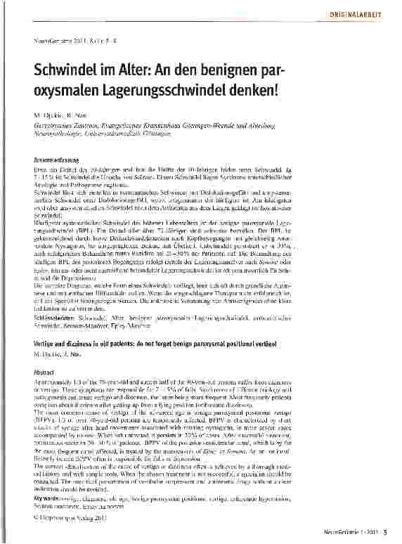 Vorschauseite 1: Schwindel im Alter: An den benignen par-oxysmalen Lagerungsschwindel denken!