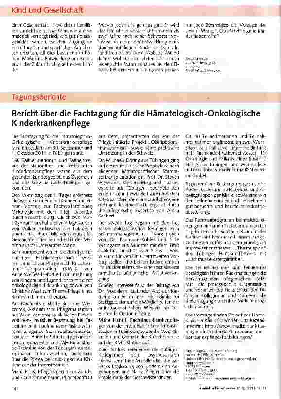 Vorschauseite 1: Bericht über die Fachtagung für die Hämatologisch-Onkologische Kinderkrankenpflege
