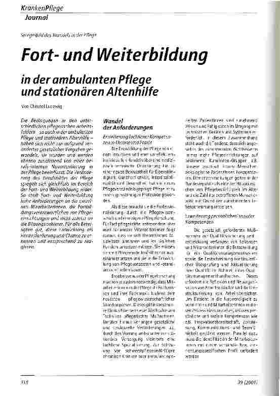 Vorschauseite 1: Fortund Weiterbildung in der ambulanten Pflege und stationären Altenhilfe Spiegelbild des Wandels in der Pflege