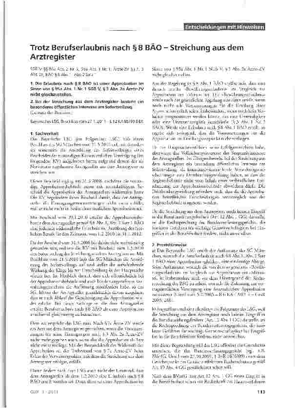 Vorschauseite 1: Trotz Berufserlaubnis nach § 8 BÄO - Streichung aus dem Arztregister SGB V §§ 86a Abs. 2 Nr. 5, 95a Abs. 1 Nr. 1; Ärzte-ZV §§ 7, 3 Abs. 2a, BÄO §8 Abs. 1, Abs. 2 Satz 1