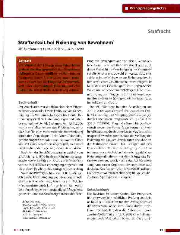 Vorschauseite 1: Strafbarkeit bei Fixierung von BewohnernOLG Nürnberg vom 18.10.2010(1 St OLG Ss 106/10)
