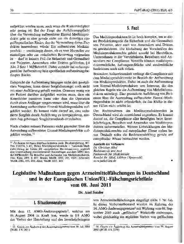 Vorschauseite 1: Legislative Maßnahmen gegen Arzneimittelfälschungen in Deutschland und in der Europäischen Union/EU-Fälschungsrichtlinie vom 08- Juni 2011