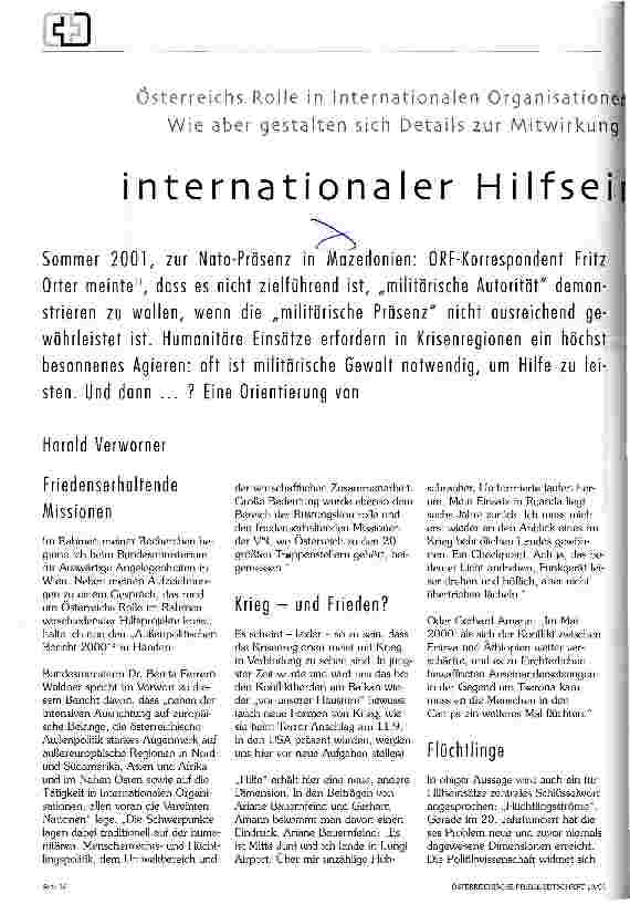 Vorschauseite 1: Österreichs Rolle in Internationalen Organisationen ist traditionell. Wie aber gestalten sich Details zur Mitwirkung bei Projekten internationaler Hilfseinsätze?
