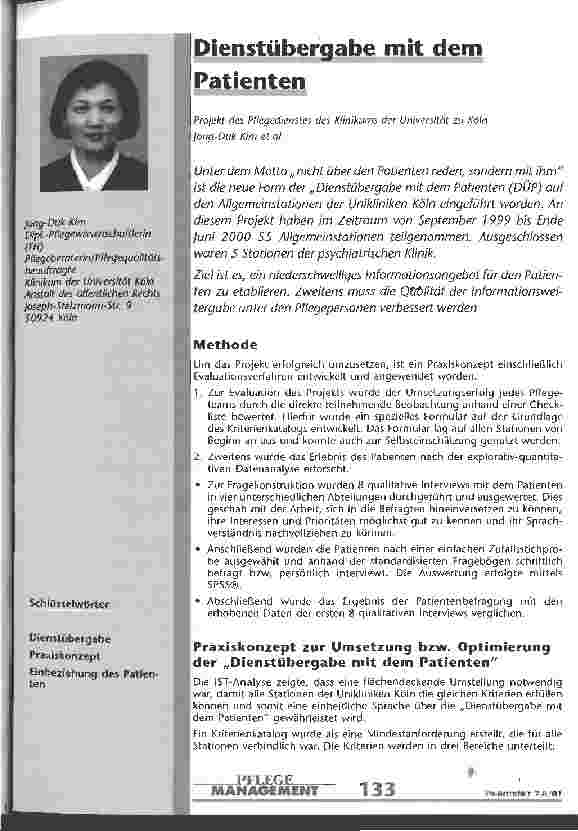 Vorschauseite 1: Dienstübergabe mit dem Patienten Projekt des Pflegedienstes des Klinikums der Universität zu Köln