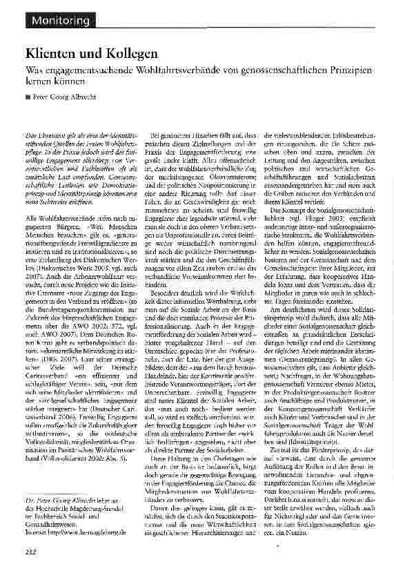 Vorschauseite 1: Klienten und Kollegen Was engagementsuchende Wohlfahrtsverbände von genossenschaftlichen Prinzipien lernen können