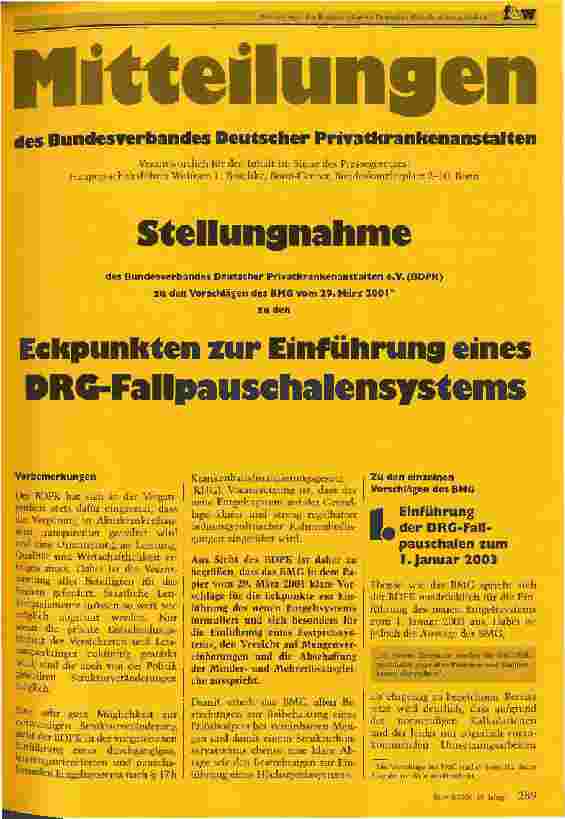 Vorschauseite 1: Mitteilungen des Bundesverbandes Deutscher Privatkrankenanstalten Stellungnahme zu den Eckpunkten zur Einführung eines DRG-Fallpauschalensystems