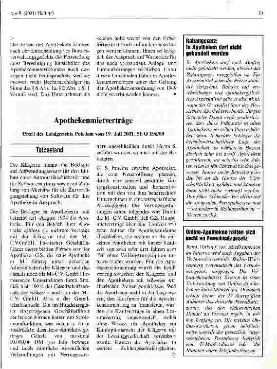 Vorschauseite 1: Apothekenmietverträge Urteil des Landgerichts Potsdam vom 19. Juli 2001