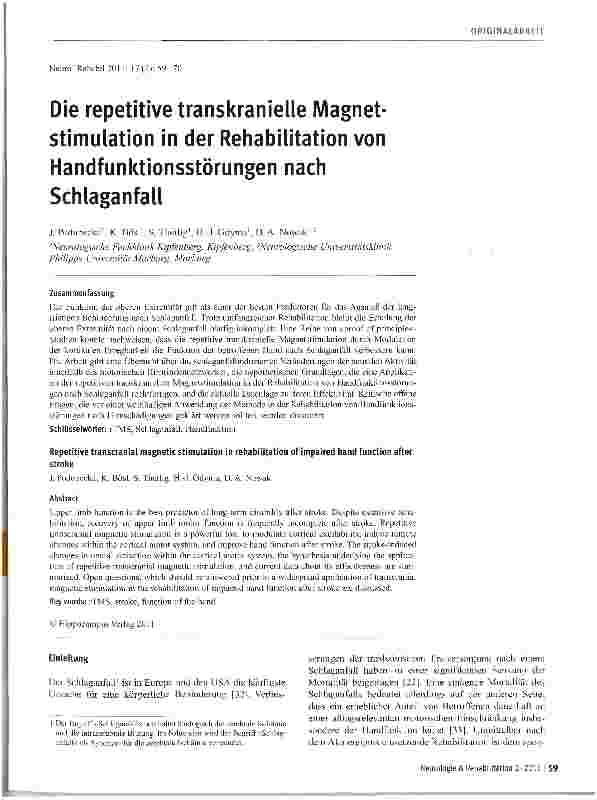 Vorschauseite 1: Die repetitive transkranielle Magnetstimulation in der Rehabilitation von Handfunktionsstörungen nach Schlaganfall