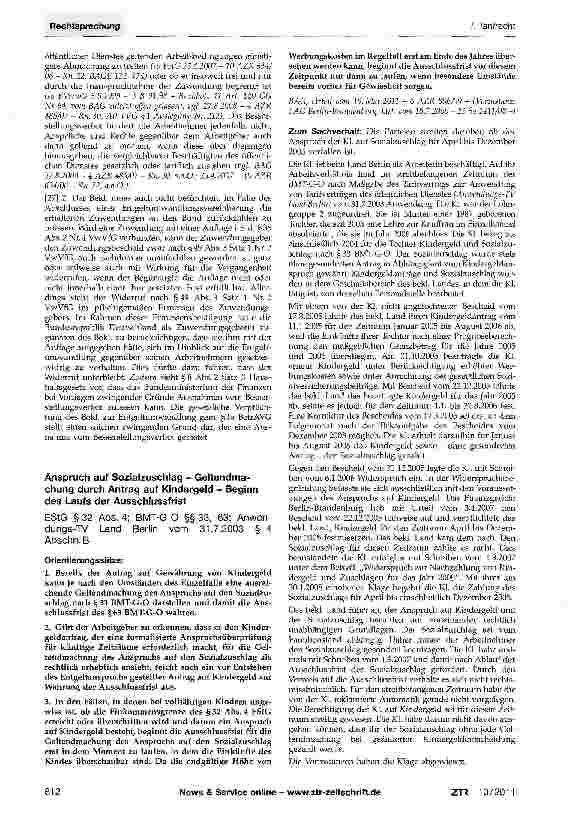 Vorschauseite 1: Anspruch auf Sozialzuschlag - Geltendma-chung durch Antrag auf Kindergeld - Beginn des Laufs der Ausschlussfrist
