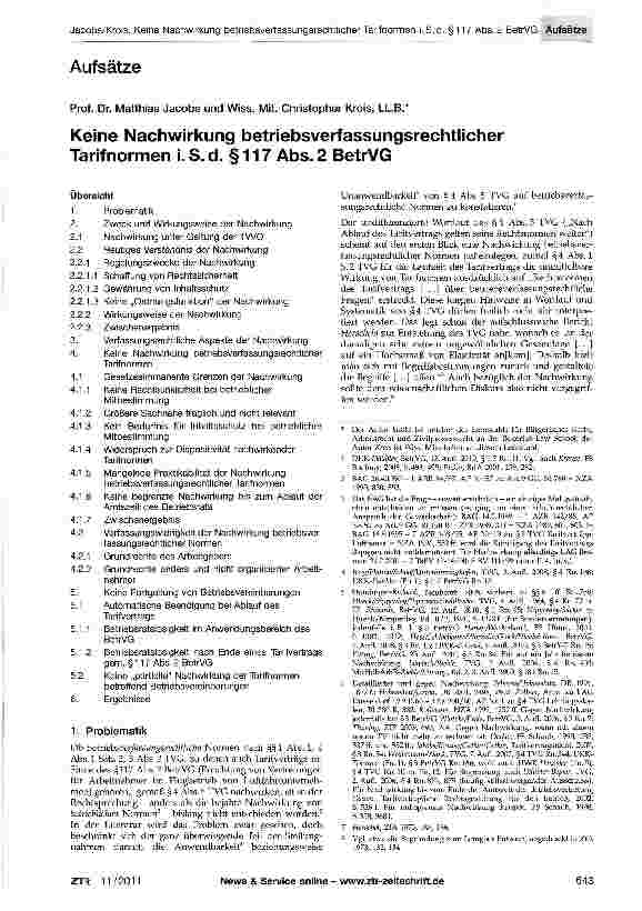 Vorschauseite 1: Keine Nachwirkung betriebsverfassungsrechtlicher Tarif normen i. S-d- §117 Abs-2 BetrVG