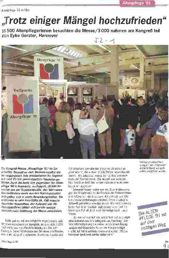 Vorschauseite 1: Trotz einiger Mängel hochzufrieden - 16500 AltenpflegerInnen besuchten die Messe - Altenpflege 1991 in Ulm