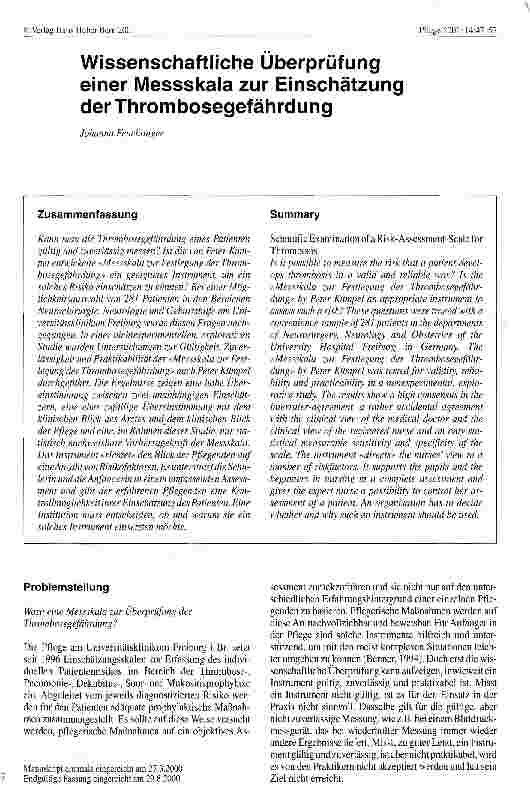 Vorschauseite 1: Wissenschaftliche Überprüfung einer Messskala zur Einschätzung der Thrombosegefährdung