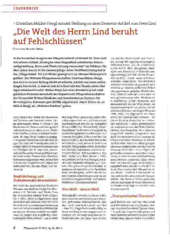 Vorschauseite 1: Christian Müller-Hergl nimmt Stellung zu dem Demenz-Artikel von Sven Lind„Die Welt des Herrn Lind beruht auf Fehlschlüssen