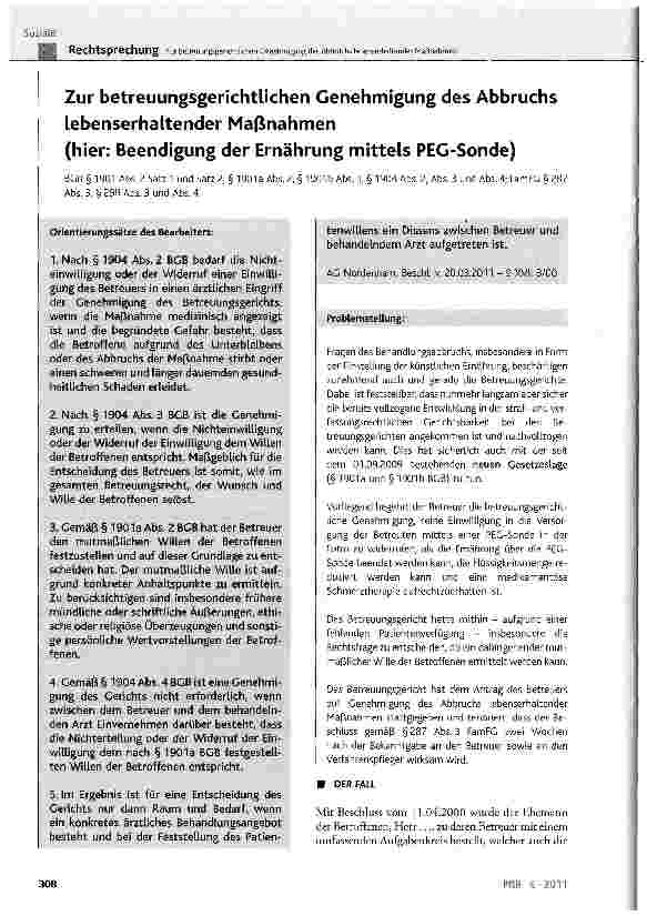 Vorschauseite 1: Zur betreuungsgerichtlichen Genehmigung des Abbruchs lebenserhaltender Maßnahmen(hier: Beendigung der Ernährung mittels PEG-Sonde)