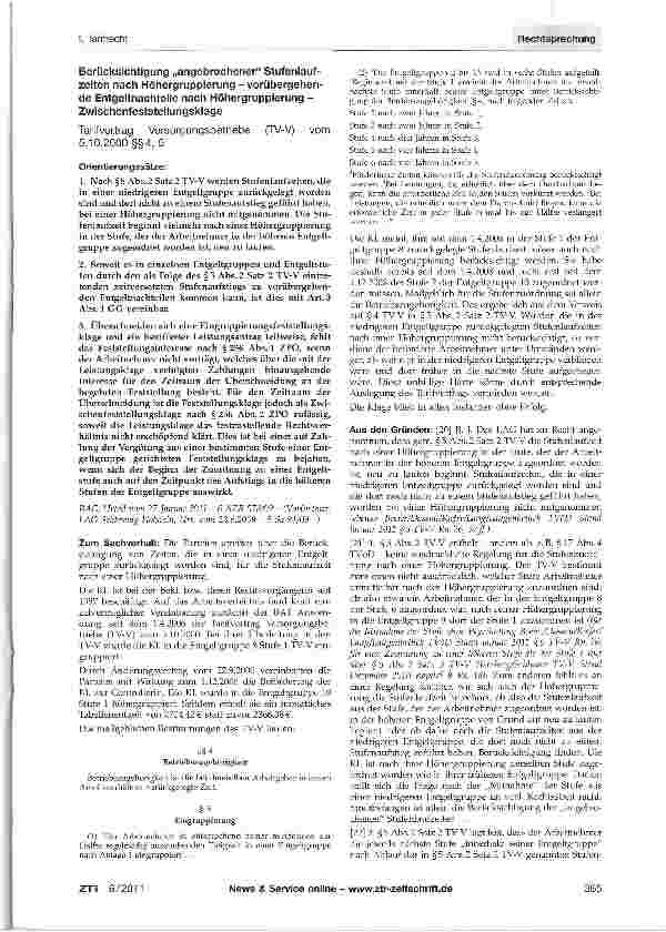 Vorschauseite 1: Berücksichtigung „angebrochener Stufenlaufzeiten nach Höhergruppierung - vorübergehende Entgeltnachteile nach Höhergruppierung -ZwischenfeststellungsklageTarifvertrag Versorgungsb…
