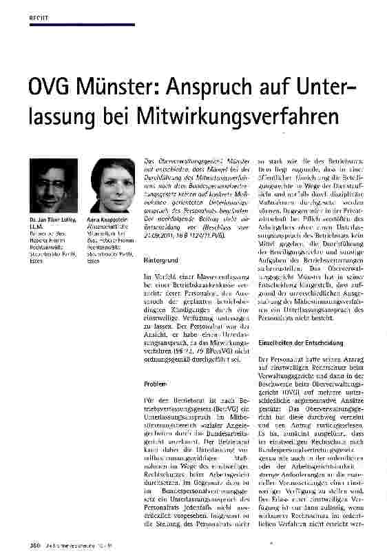Vorschauseite 1: OVG Münster: Anspruch auf Unterlassung bei Mitwirkungsverfahren