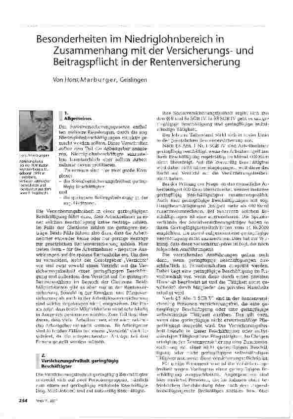 Vorschauseite 1: Besonderheiten im Niedriglohnbereich inZusammenhang mit der Versicherungsund Beitragspflicht in der Rentenversicherung