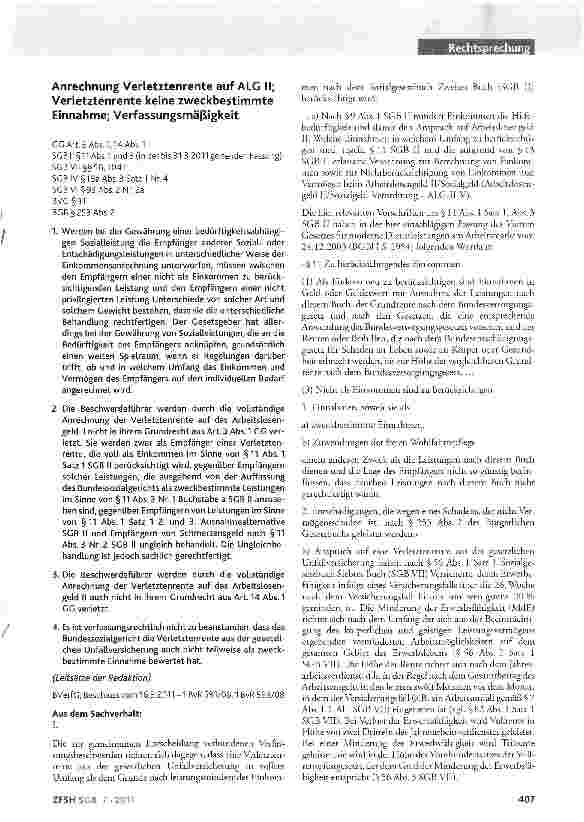 Vorschauseite 1: Anrechnung Verletztenrente auf ALG II; Verletztenrente keine zweckbestimmte Einnahme; Verfassungsmäßigkeit