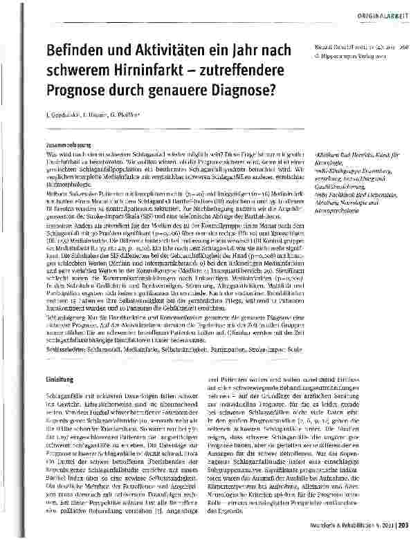 Vorschauseite 1: Befinden und Aktivitäten ein Jahr nach schwerem Hirninfarkt - zutreffendere Prognose durch genauere Diagnose?