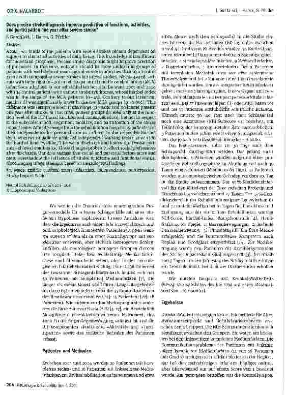 Vorschauseite 2: Befinden und Aktivitäten ein Jahr nach schwerem Hirninfarkt - zutreffendere Prognose durch genauere Diagnose?