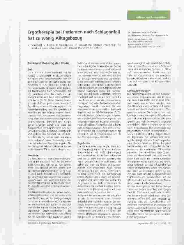 Vorschauseite 1: Ergotherapie bei Patienten nach Schiaganfall hat zu wenig Alltagsbezug
