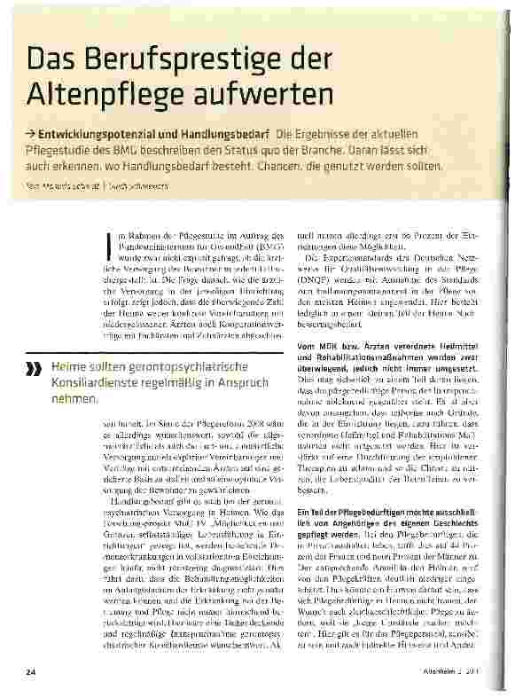 Vorschauseite 1: Das Berufsprestige der Altenpflege aufwertenEntwicklungspotenzial und Handlungsbedarf