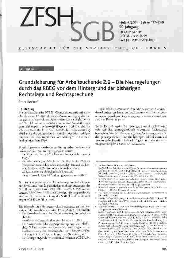Vorschauseite 1: Grundsicherung für Arbeitsuchende 2. 0 - Die Neuregelungen durch das RBEG vor dem Hintergrund der bisherigen Rechtslage und Rechtsprechung