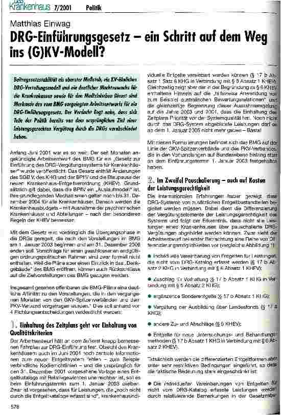 Vorschauseite 1: DRG-Einführungsgesetz - ein Schritt auf dem Weg ins (G)KV-Modell?