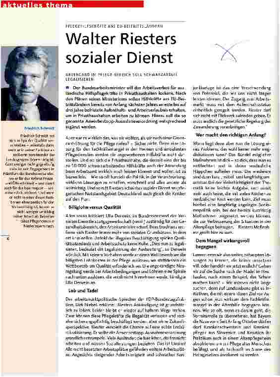 Vorschauseite 1: Walter Riesters sozialer Dienst Greencard im Pflege-Bereich soll Schwarzarbeit legalisieren