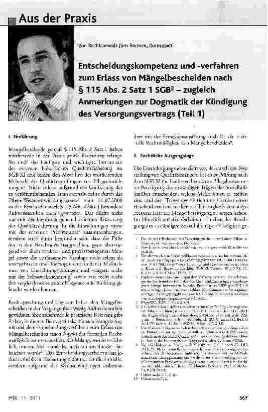 Vorschauseite 1: Entscheidungskompetenz und -verfahren zum Erlass von Mängelbescheiden nach § 115 Abs. 2 Satz 1 SGB2 - zugleich Anmerkungen zur Dogmatik der Kündigung des Versorgungsvertrags (Teil…