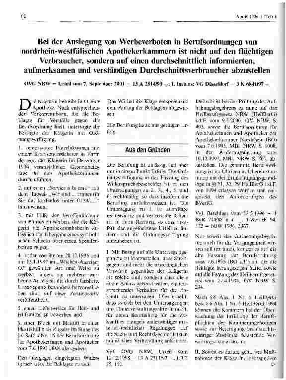 Vorschauseite 1: Auslegung von Werbeverboten in Berufsordnungen