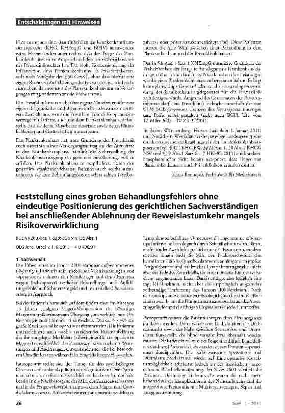 Vorschauseite 1: Feststellung eines groben Behandlungsfehlers ohne eindeutige Positionierung des gerichtlichen Sachverständigen bei anschließender Ablehnung der Beweislastumkehr mangels Risikoverw…