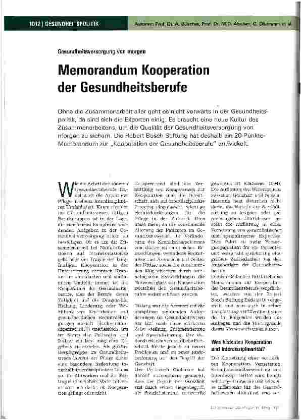 Vorschauseite 1: Memorandum Kooperation der Gesundheitsberufe