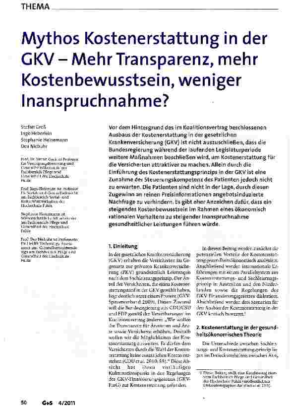 Vorschauseite 1: Mythos Kostenerstattung in der GKV-Mehr Transparenz, mehr Kostenbewusstsein, weniger Inanspruchnahme?