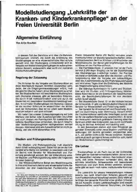 Vorschauseite 1: Modellstudiengang Lehrkräfte der Krankenund Kinderkrankenpflege an der Freien Universität Berlin - Erfahrungen und Überlegungen