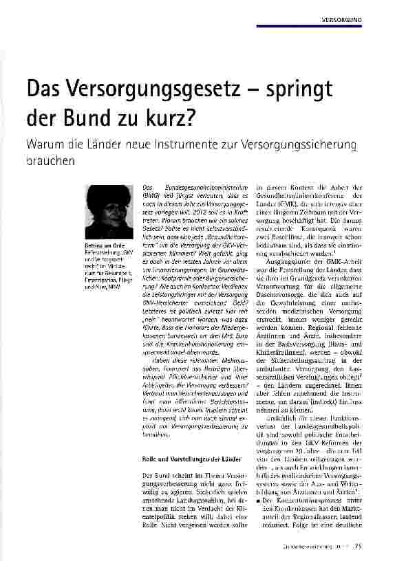 Vorschauseite 1: Das Versorgungsgesetz - springt der Bund zu kurz?