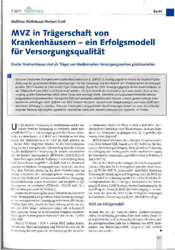 Vorschauseite 1: MVZ in Trägerschaft von Krankenhäusern - ein Erfolgsmodell für Versorgungsqualität