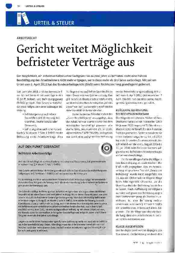 Vorschauseite 1: Gericht weitet Möglichkeit befristeter Verträge aus