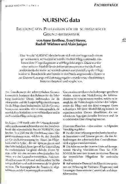 Vorschauseite 1: NURSING data Erhebung von Pflegedaten für die Schweizerische Gesundheitsstatistik