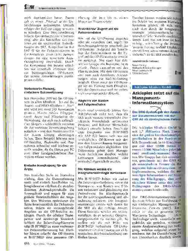 Vorschauseite 1: Asklepios setzt auf ein Management-Informationssystem