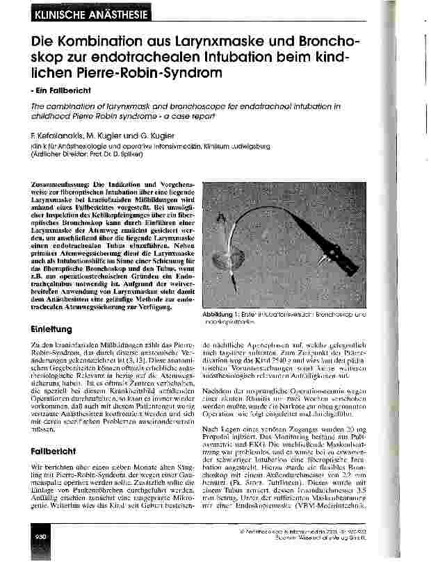 Vorschauseite 1: Die Kombination aus Larynxmaske und Bronchoskop zur endotrachealen Intubation beim kindlichen Pierre-Robin-Syndrom