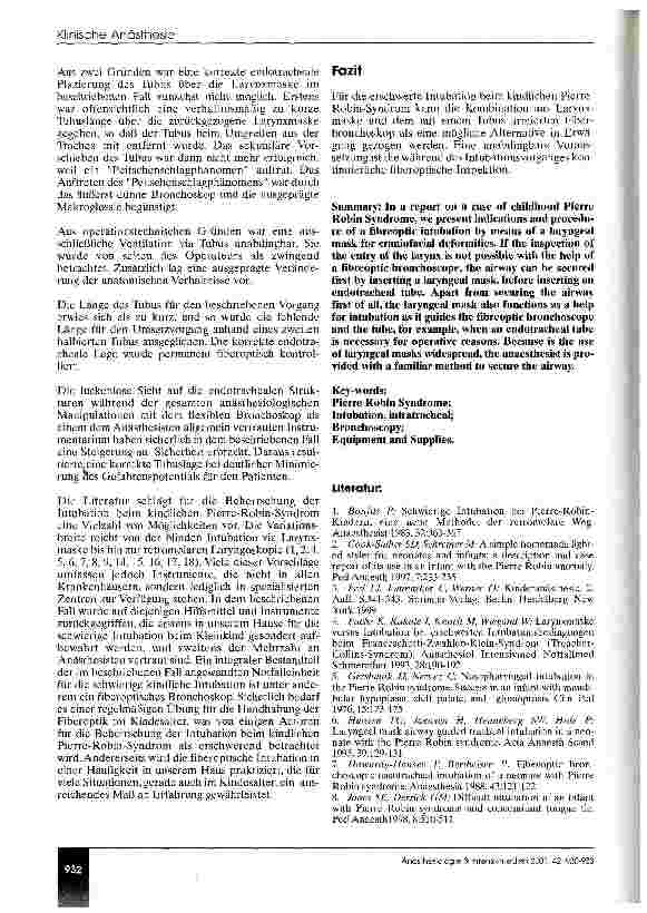 Vorschauseite 3: Die Kombination aus Larynxmaske und Bronchoskop zur endotrachealen Intubation beim kindlichen Pierre-Robin-Syndrom