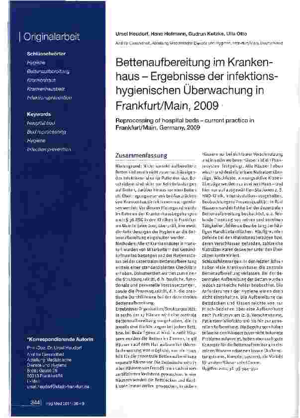 Vorschauseite 1: Bettenaufbereitung im Krankenhaus - Ergebnisse der infektionshygienischen Überwachung inFrankfurt/Main, 2009