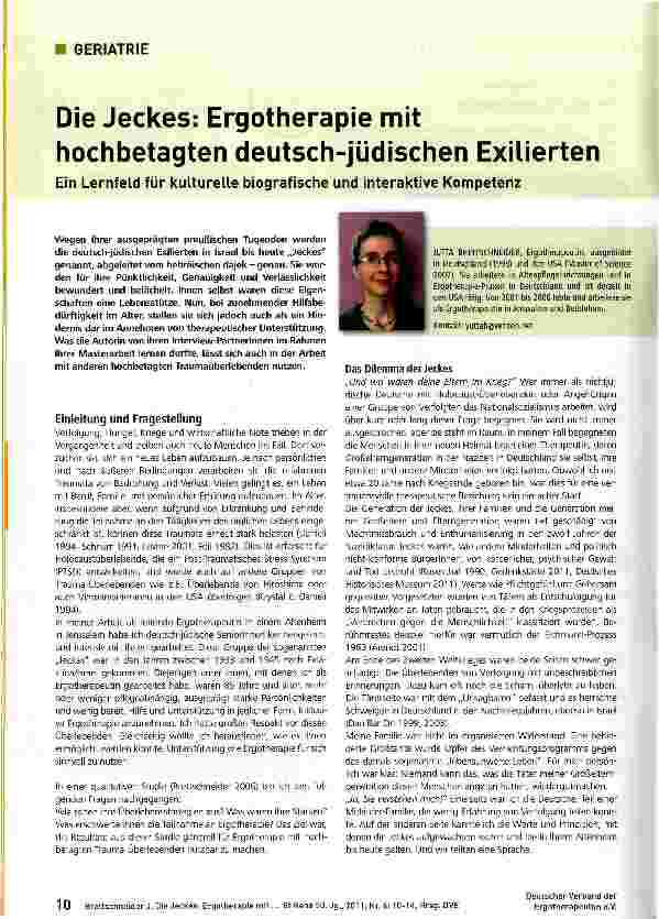 Vorschauseite 1: Die Jeckes: Ergotherapie mit hochbetagten deutsch-jüdischen Exilierten