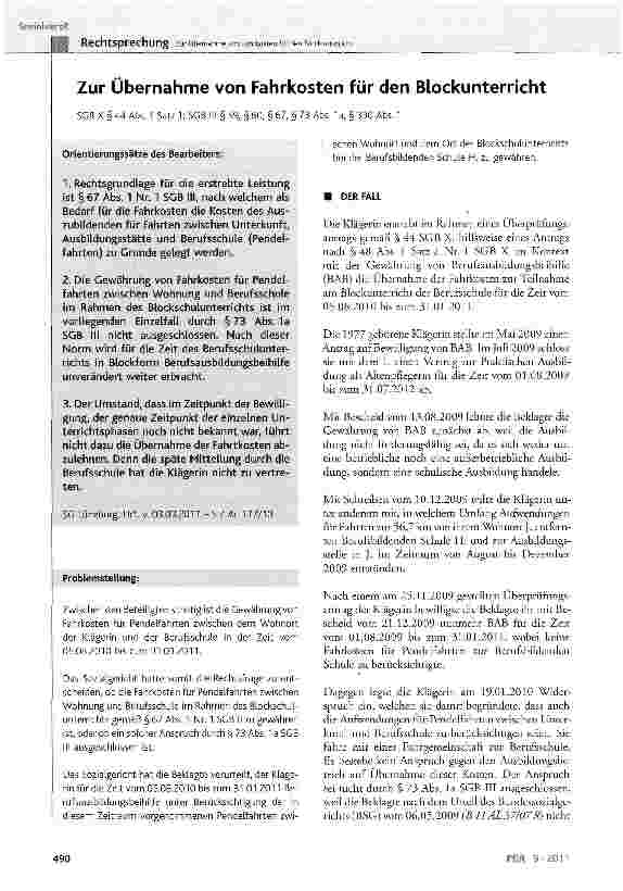 Vorschauseite 1: Zur Übernahme von Fahrkosten für den Blockunterricht SGB X § 44 Abs. 1 Satz 1; SGB III § 59, § 60, § 67, § 73 Abs. 1a, § 330 Abs. 1