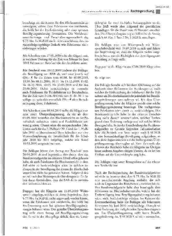 Vorschauseite 2: Zur Übernahme von Fahrkosten für den Blockunterricht SGB X § 44 Abs. 1 Satz 1; SGB III § 59, § 60, § 67, § 73 Abs. 1a, § 330 Abs. 1