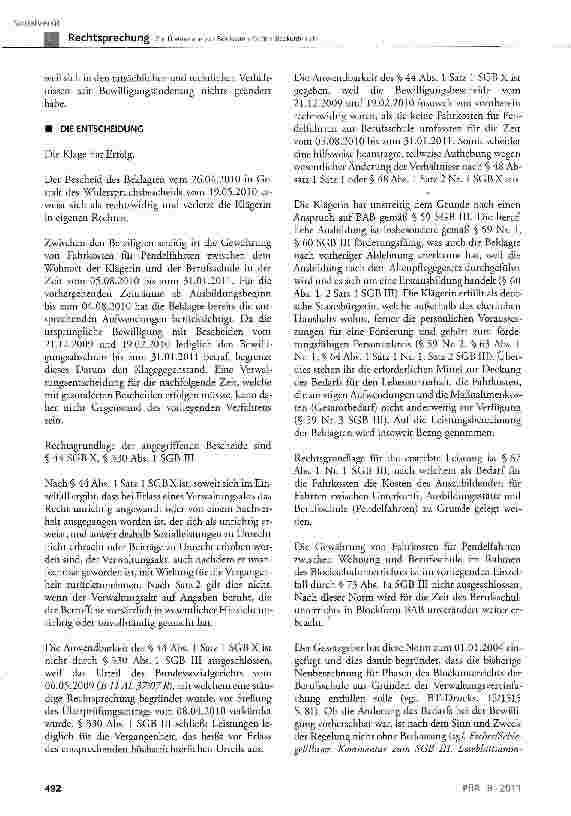 Vorschauseite 3: Zur Übernahme von Fahrkosten für den Blockunterricht SGB X § 44 Abs. 1 Satz 1; SGB III § 59, § 60, § 67, § 73 Abs. 1a, § 330 Abs. 1