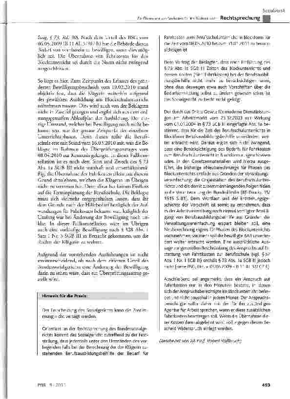 Vorschauseite 4: Zur Übernahme von Fahrkosten für den Blockunterricht SGB X § 44 Abs. 1 Satz 1; SGB III § 59, § 60, § 67, § 73 Abs. 1a, § 330 Abs. 1